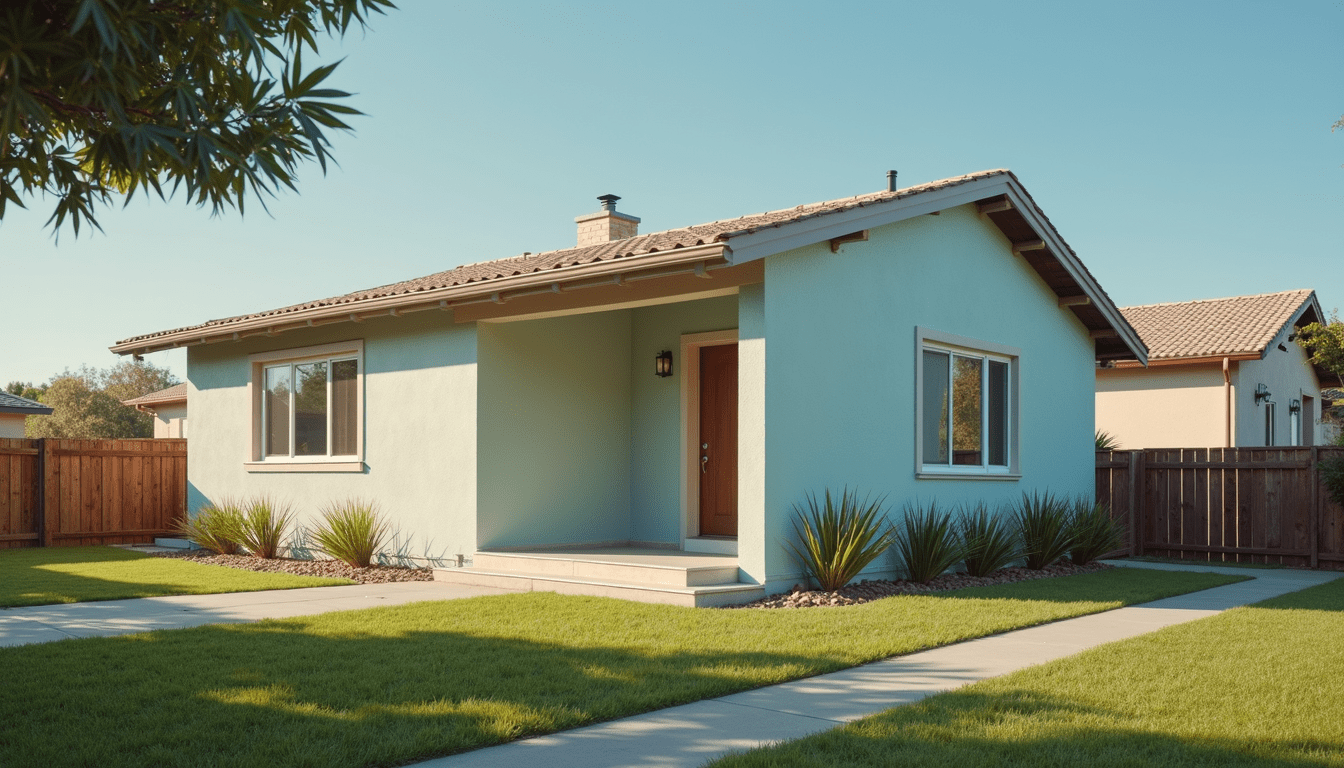 Wide angle view of a freshly painted house exterior