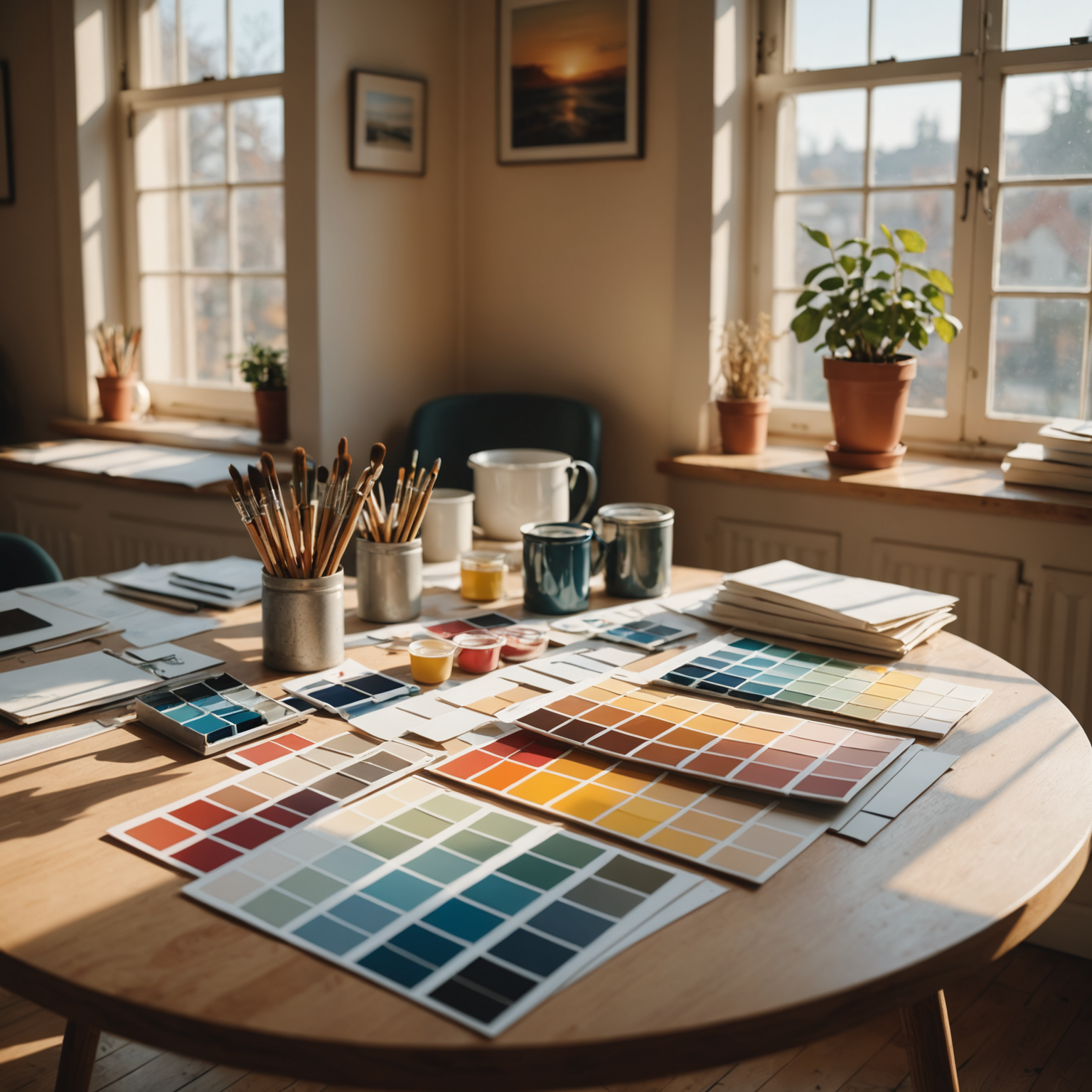 High angle view of a color palette and paint samples