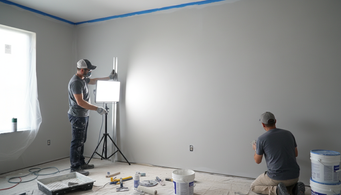 Eye-level view of a smooth drywall surface ready for painting