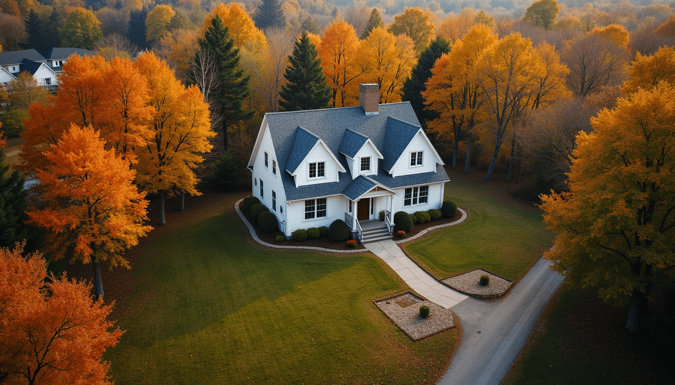 High angle view of a house with trees changing colors in the fall