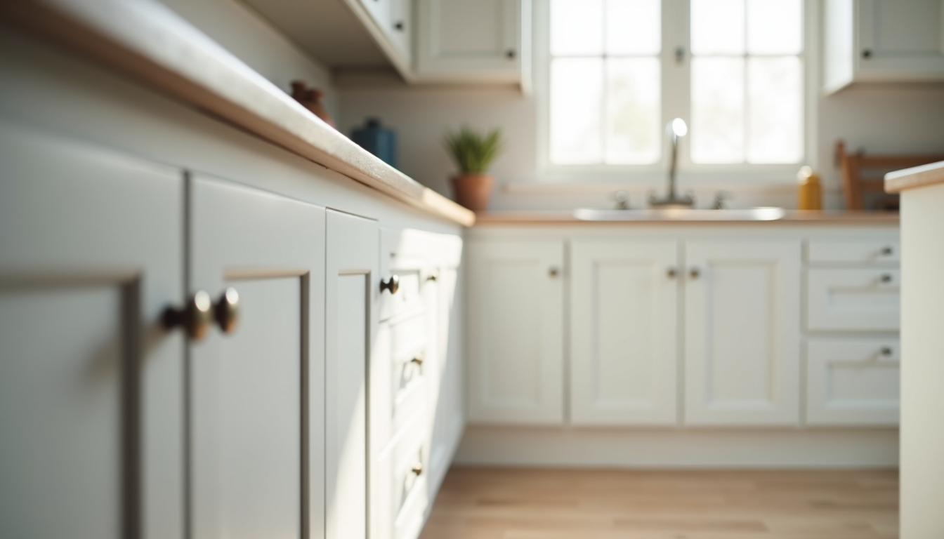 Close-up view of freshly painted kitchen cabinets with smooth finish