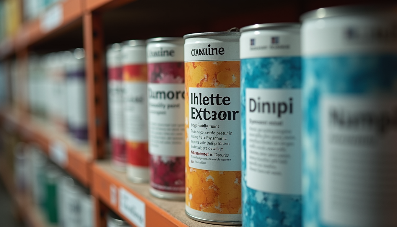 Close-up view of paint cans labeled for interior and exterior use