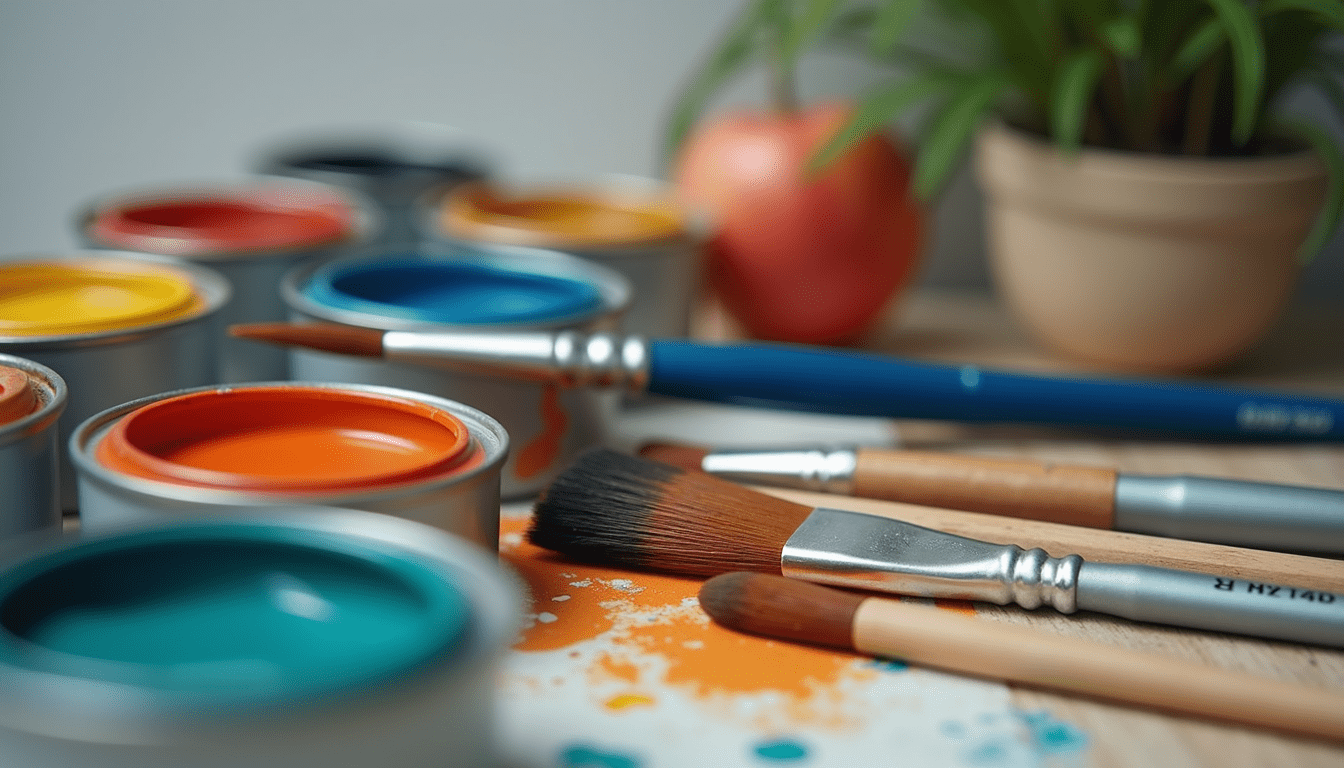Close-up view of quality paint supplies including brushes and paint cans