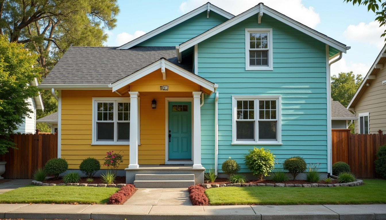 Eye-level view of freshly painted house exterior with vibrant colors