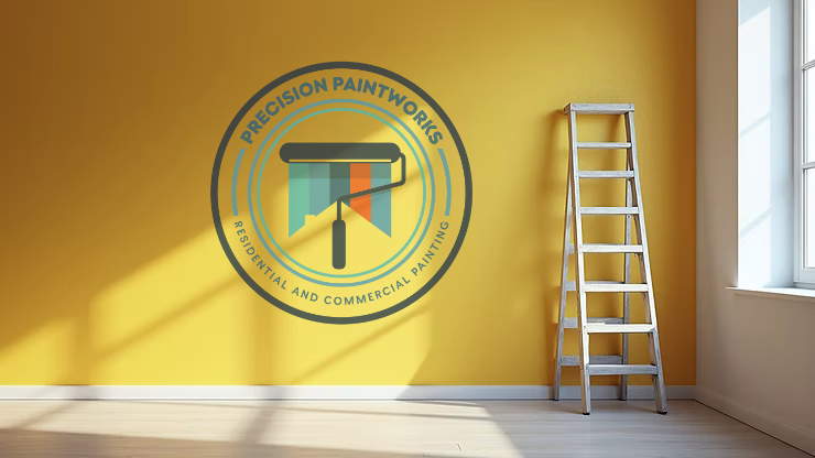 Eye-level view of a freshly painted wall with a ladder