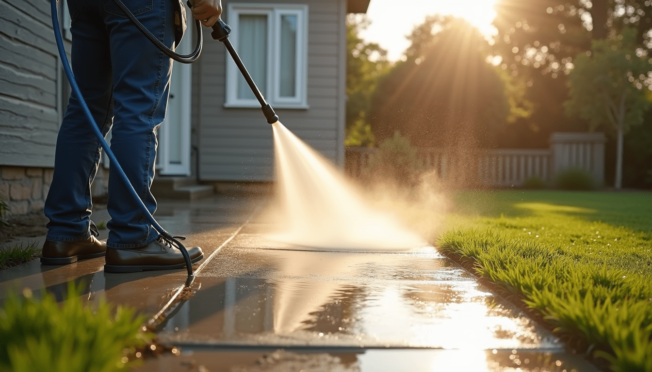 Close-up view of a power washer cleaning a house exterior