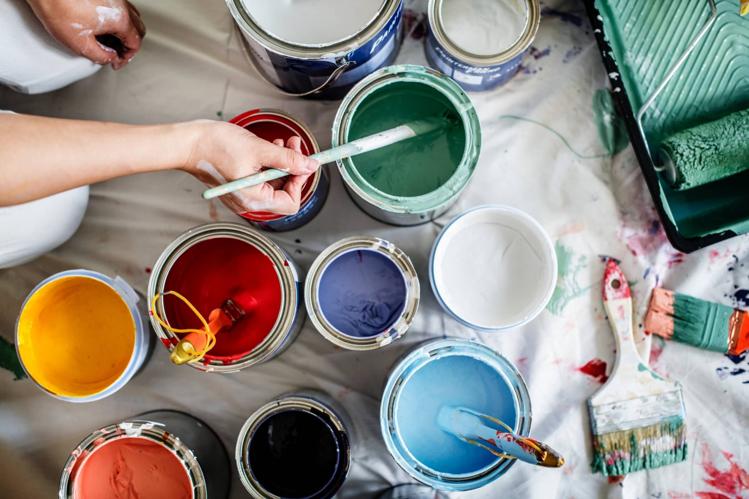 High angle view of a color palette on a white desk
