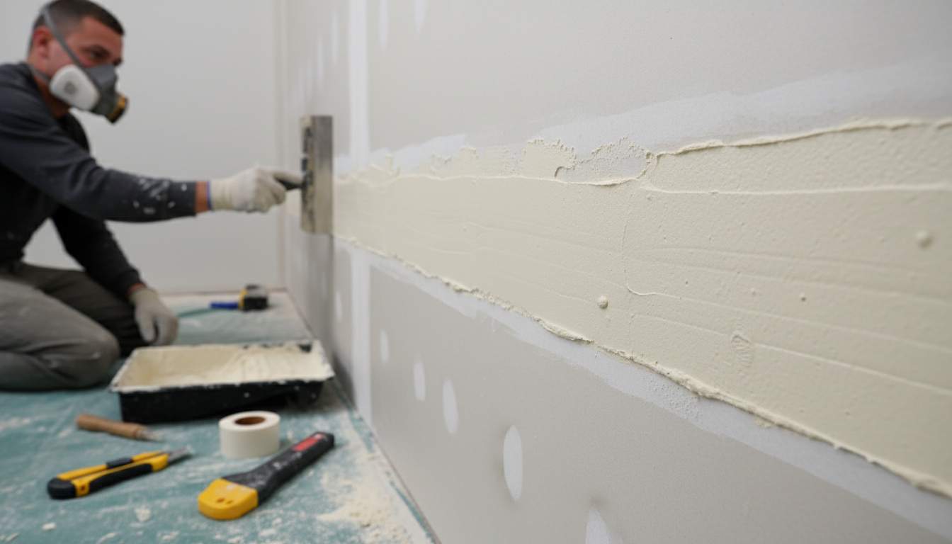 Close-up view of drywall seams with joint compound applied
