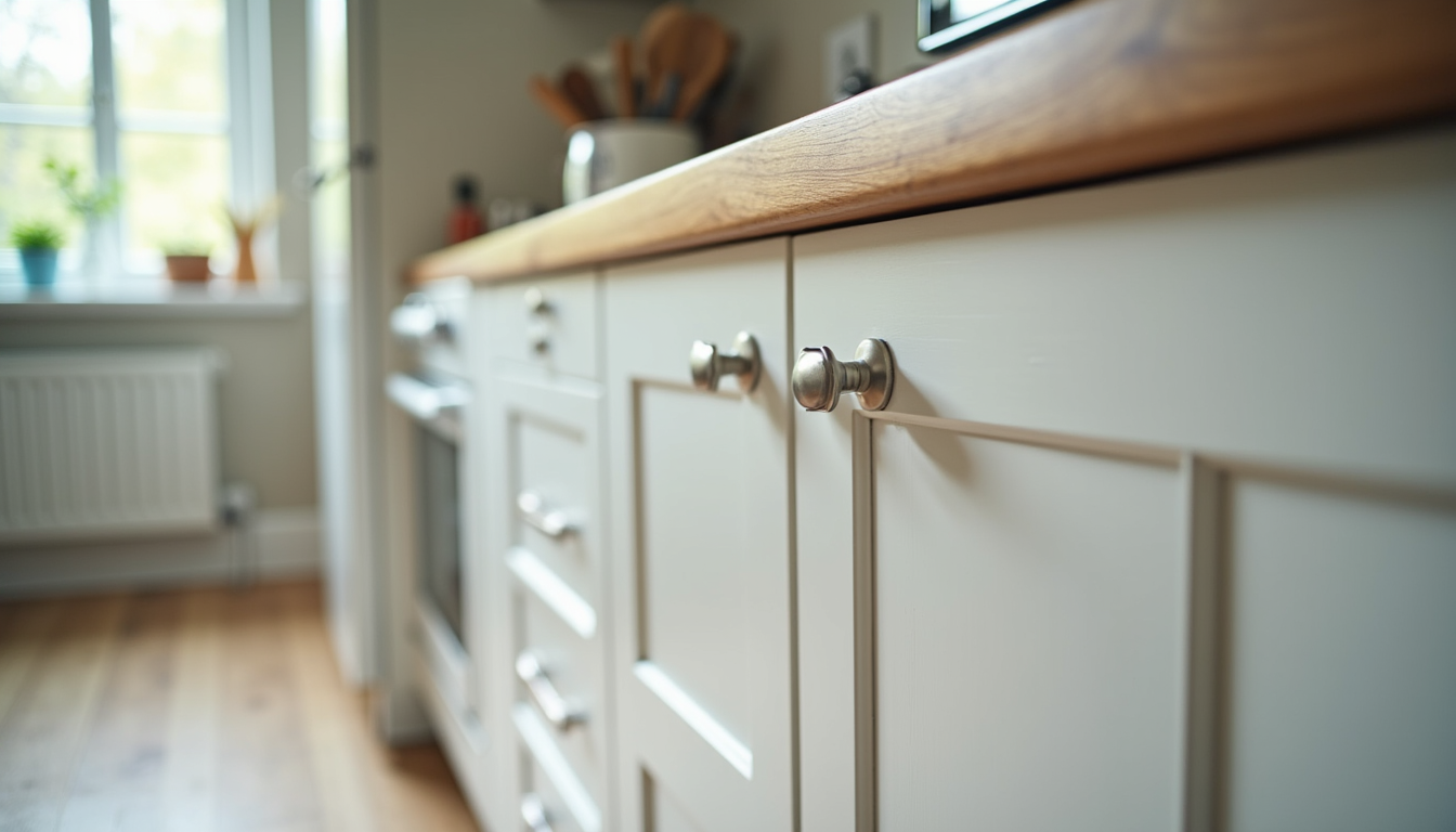 Close-up view of newly painted kitchen cabinets with smooth finish