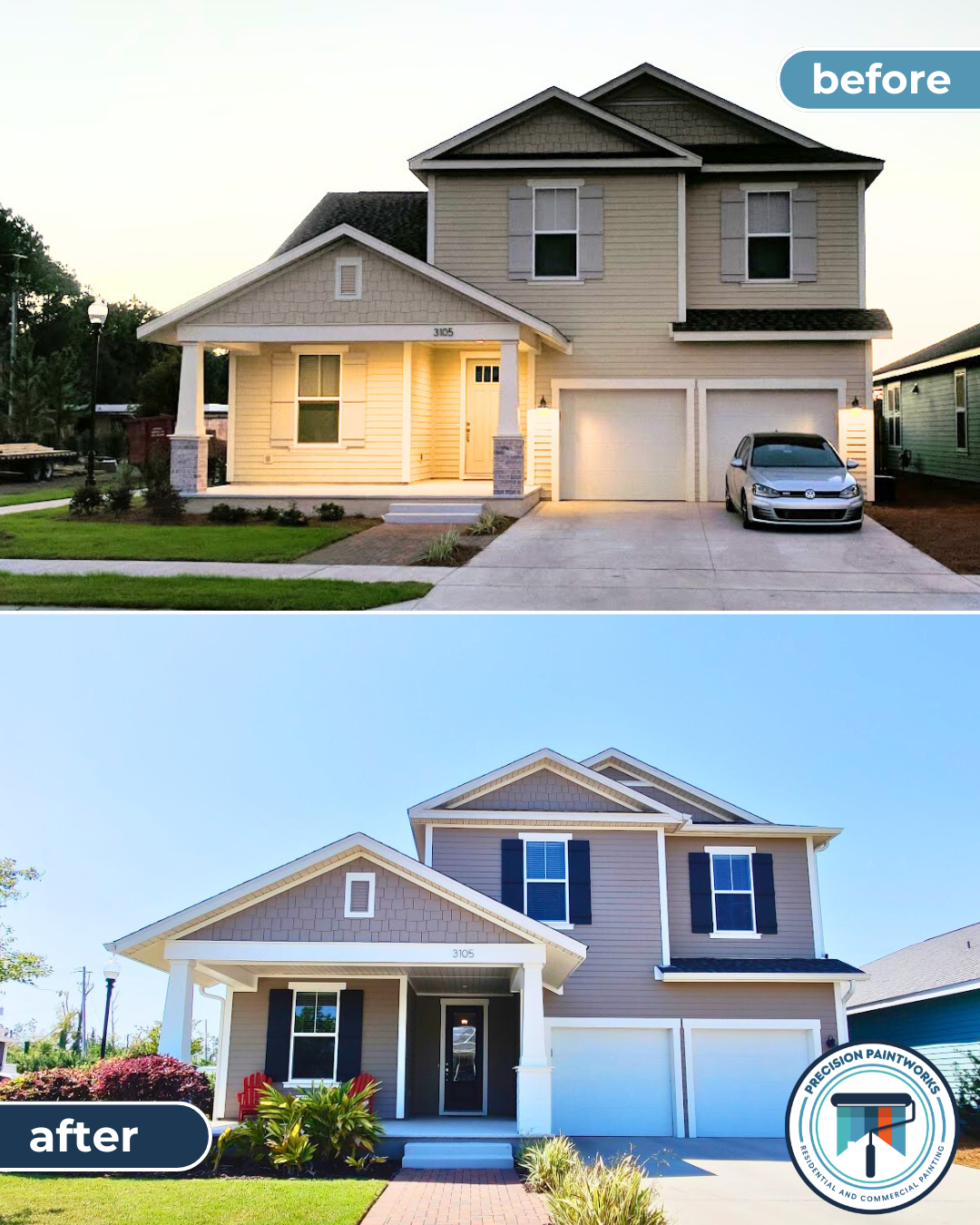 Wide angle view of a freshly painted exterior of a home